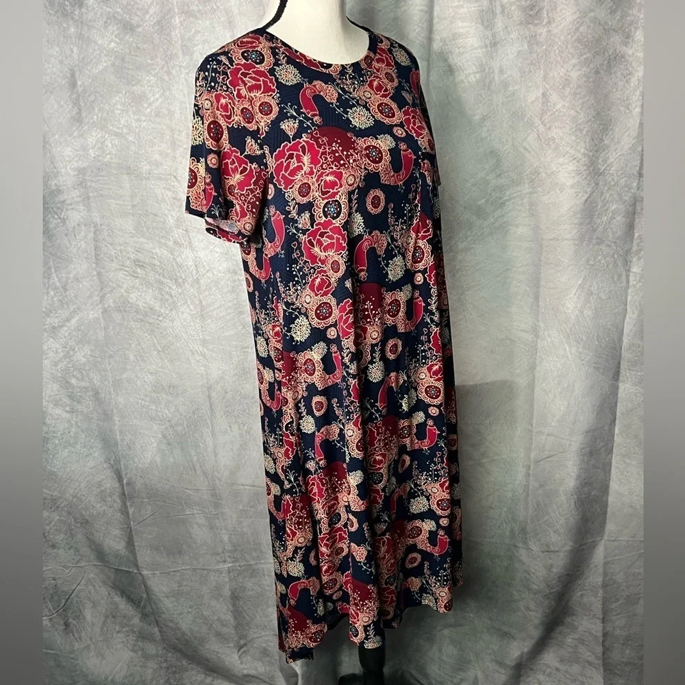 LuLaRoe Carly Floral Print Navy and Red Short Sleeve High-Low Swing Dress - S
